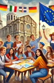 Un gruppo di studenti entusiasti partecipa a un programma di scambio Erasmus+ a Perpignan, in Francia. Sono impegnati in attività culturali con i loro coetanei francesi, esplorano siti storici e partecipano a esperienze di apprendimento interattive. Nell'immagine si vedono studenti che tengono bandiere di diversi paesi europei, sorridono e collaborano in progetti di gruppo. L’atmosfera è vivace ed educativa, sottolineando la cooperazione e il dialogo interculturale.